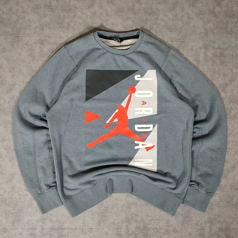 Nike Air Jordan Jumpman Block Fleece Crewneck Sweatshirt Mens Large Gray Blue